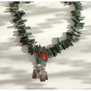 Turquoise Beaded Chip & Spiny Oyster Sterling Silver Vintage Pendant Necklace